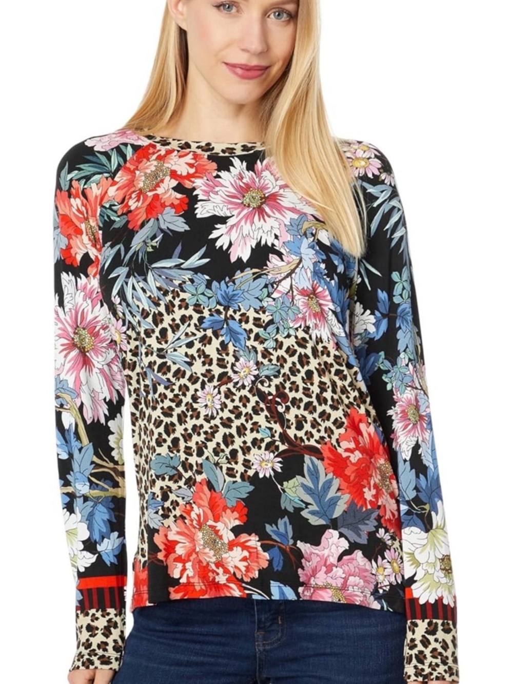 Johnny Was Ontari Black Floral & Leopard Print Long Sleeve Tee-Size Small
